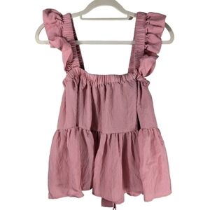 Lalavon Cute Flirty Pink Ruffle Tiered Tie Back Peasant Top Tank Blouse Size S